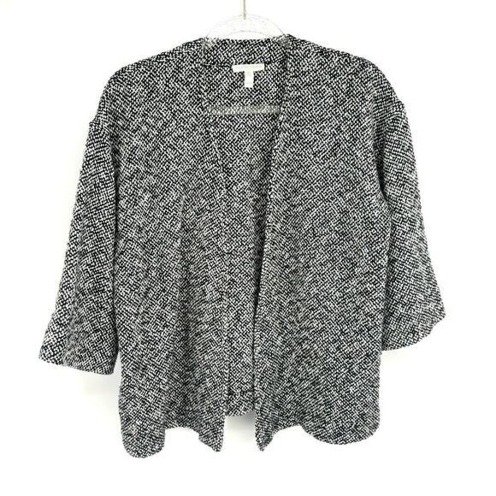 Eileen Fisher 100% Organic Cotton Black White Open Front Cardigan Medium‎ Petite